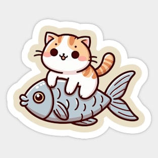 cute cat ride fish Sticker